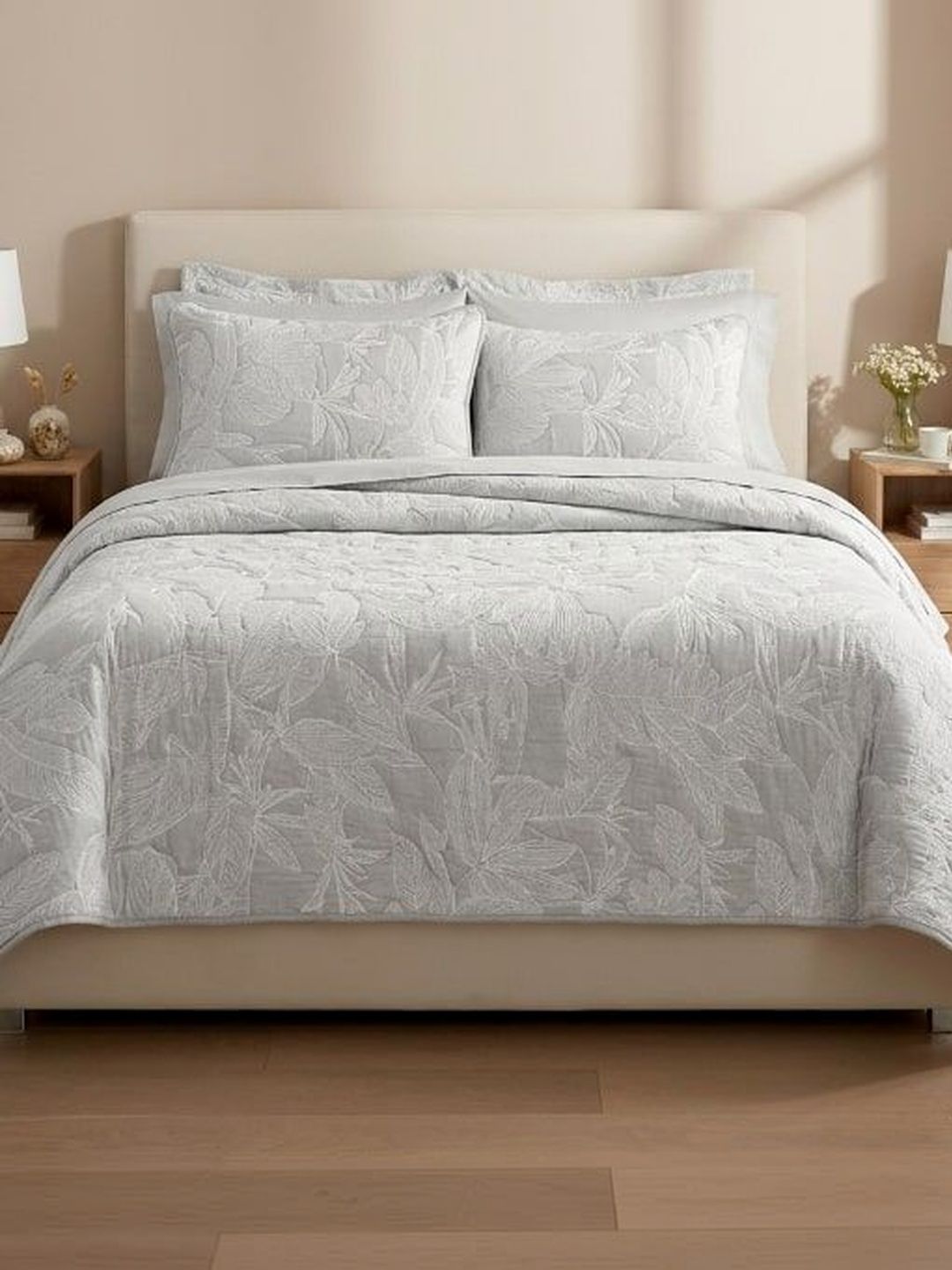 LABHAM Silver & White Woven Design 300 GSM Double King Bed Cover-image-3