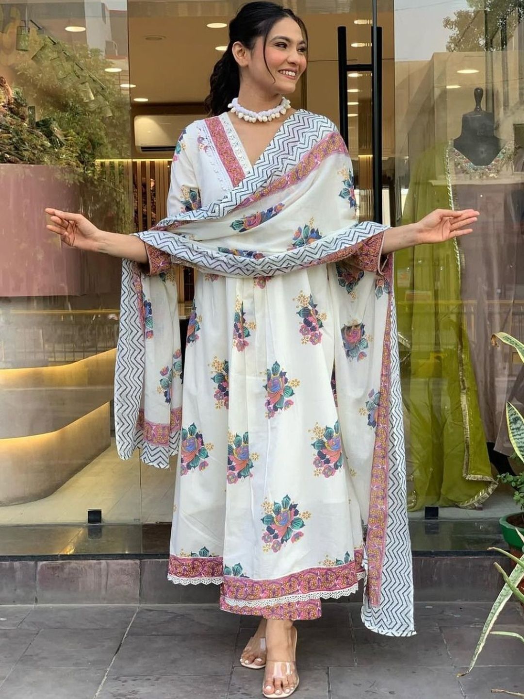 J.KANJI Women Floral Printed Panelled Pure Cotton Kurta with Trousers & With Dupatta-picture-29