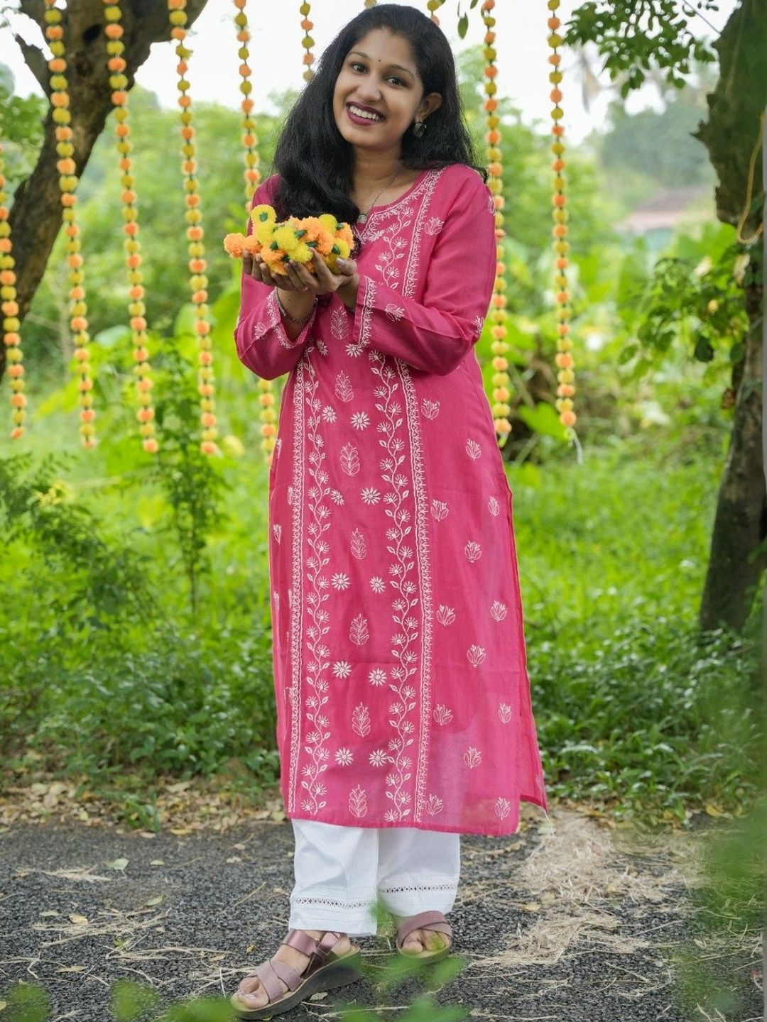 WINK&WISH Floral Embroidered Thread Work Chanderi Cotton Handloom Thread Work Kurti-picture-33