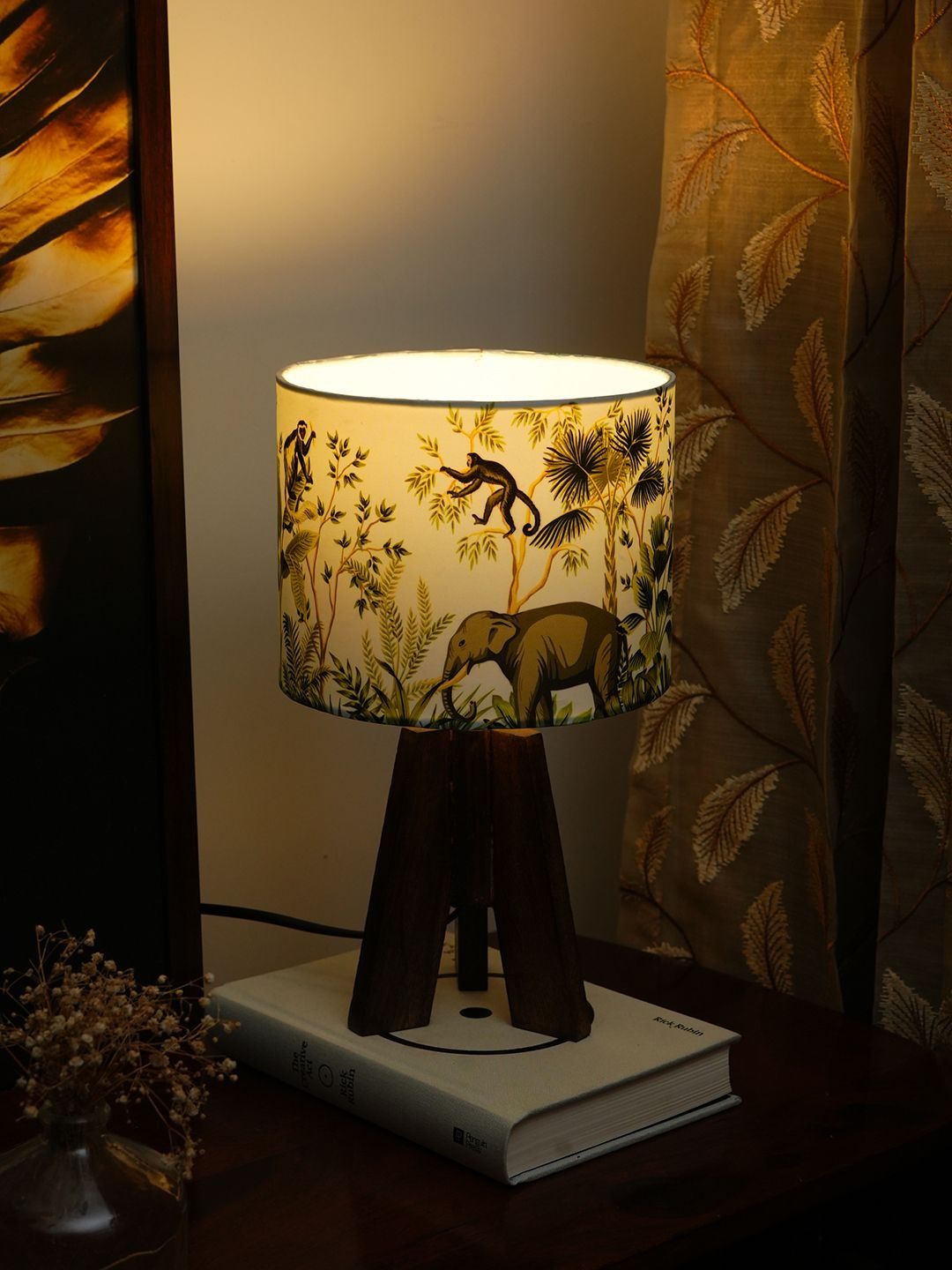 green girgit White & Green Printed Wood Cylindrical Shaped Table Lamp with Bulb-image-14
