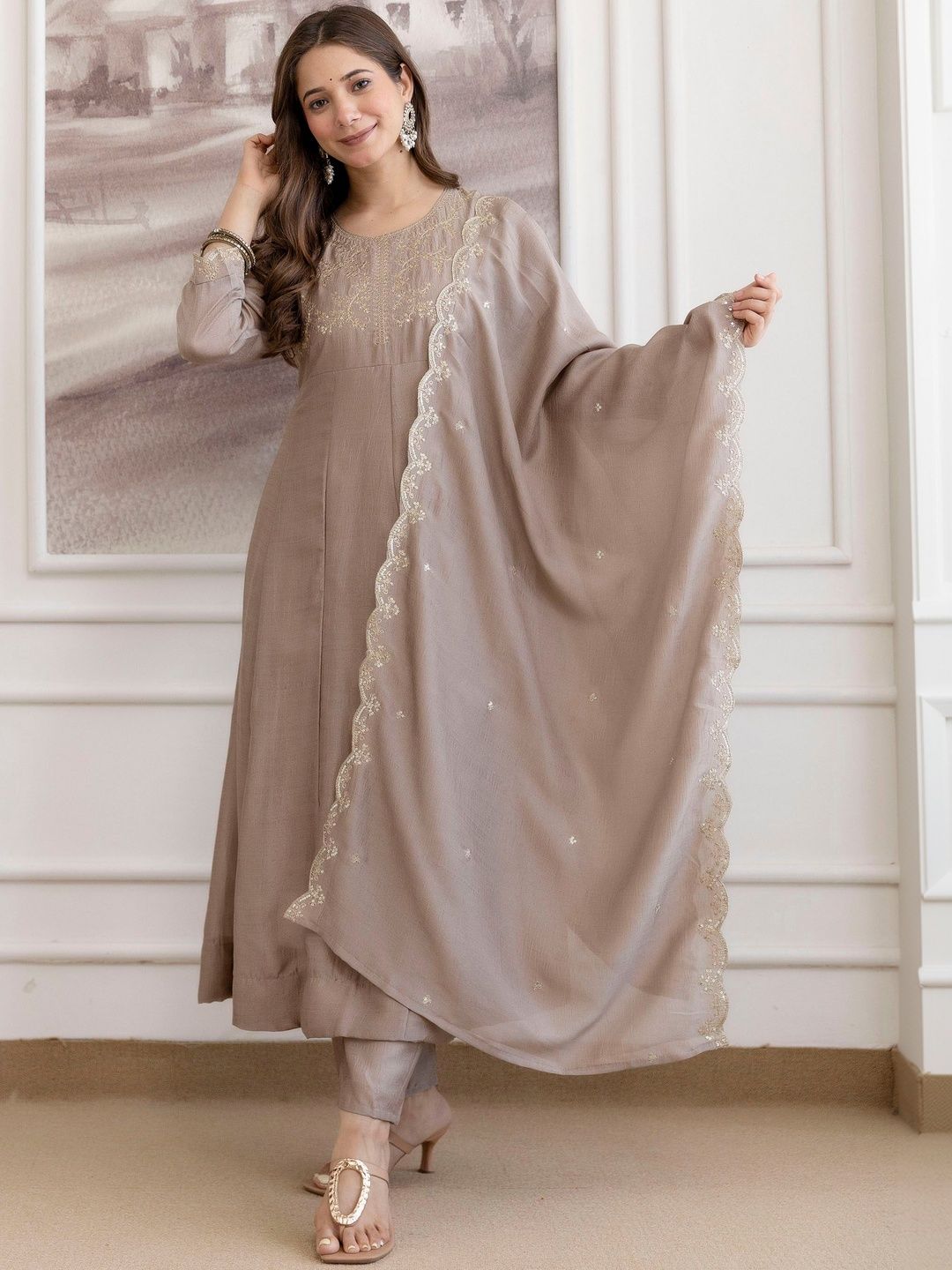 Brand Hill Women Ethnic Motifs Embroidered Regular Sequinned Dupion Silk Kurta with Trousers & With Dupatta-picture-36