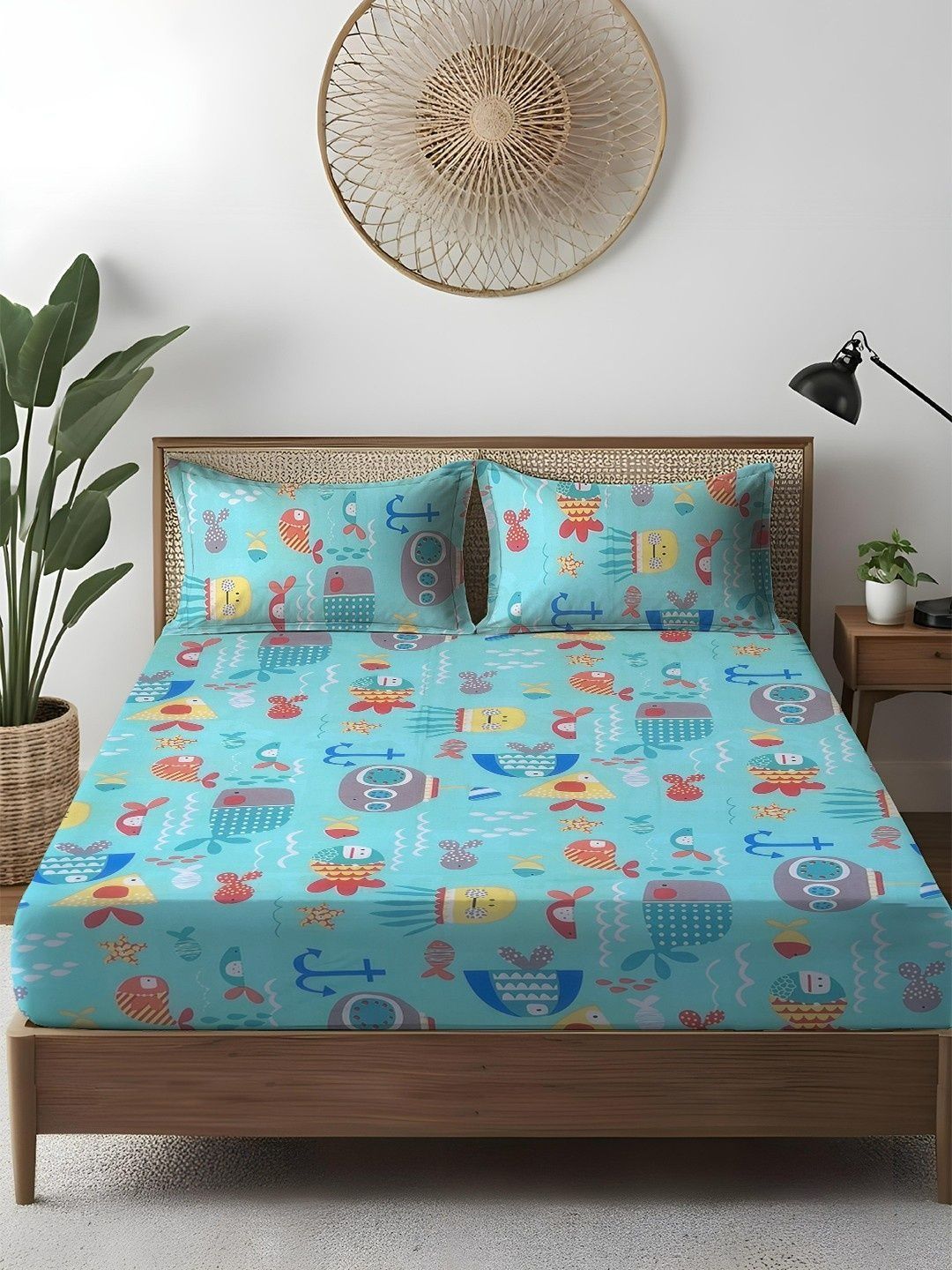 WEAVE AND DECOR Blue Conversational 300 TC Queen Bedsheet with 2 Pillow Covers-picture-50