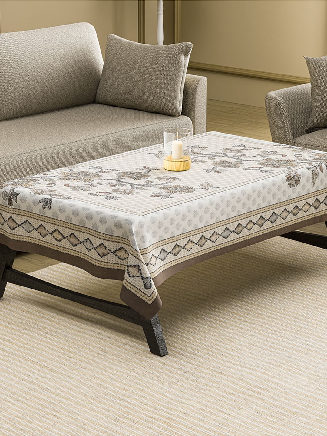 Aura Brown Floral Anti-Slip Cotton 4-Seater Table Cover-picture-54