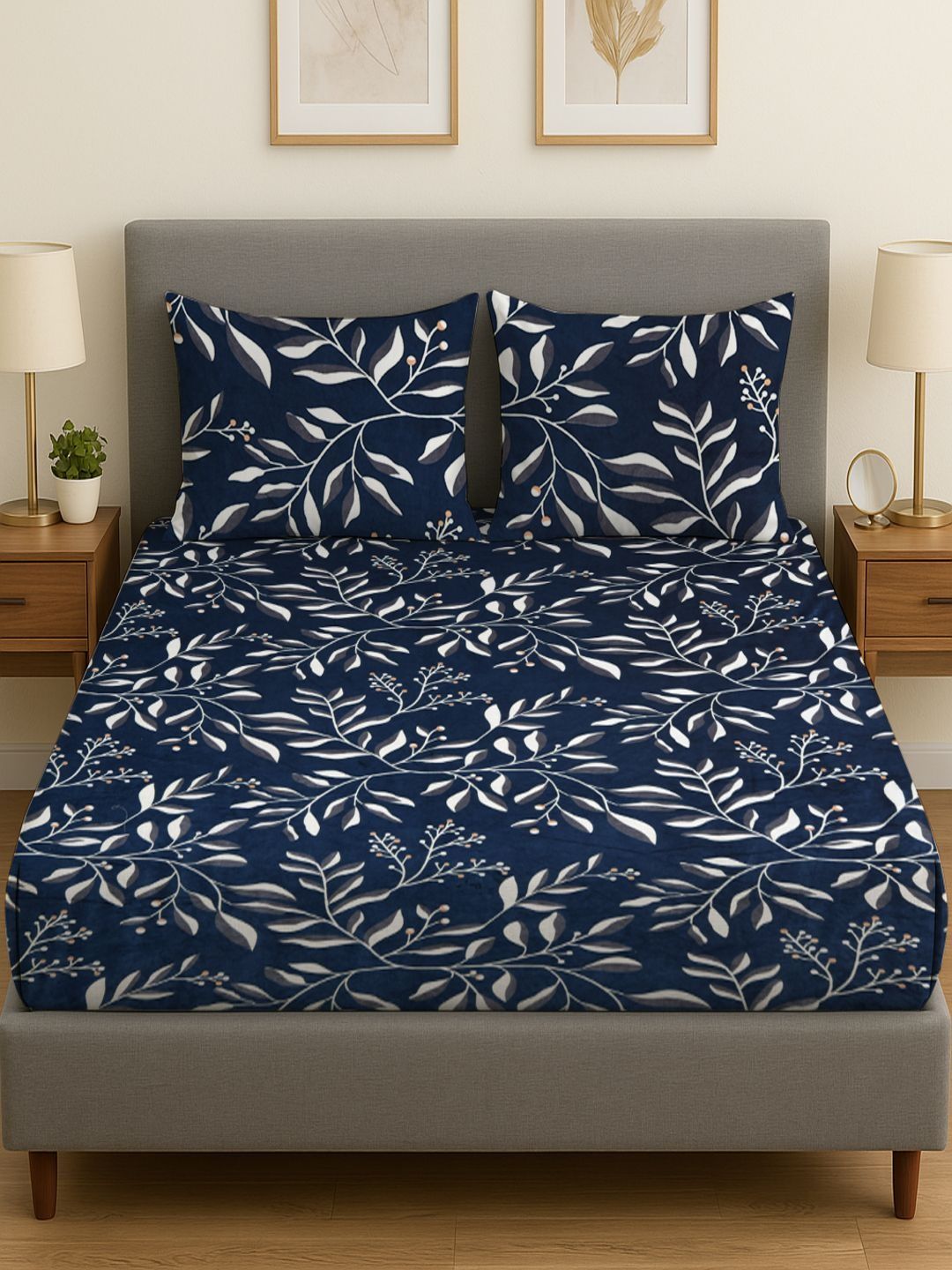 Myntra Elegant Homes Navy Blue & Cream-Coloured 300 TC King Bedsheet with 2 Pillow Covers-picture-18