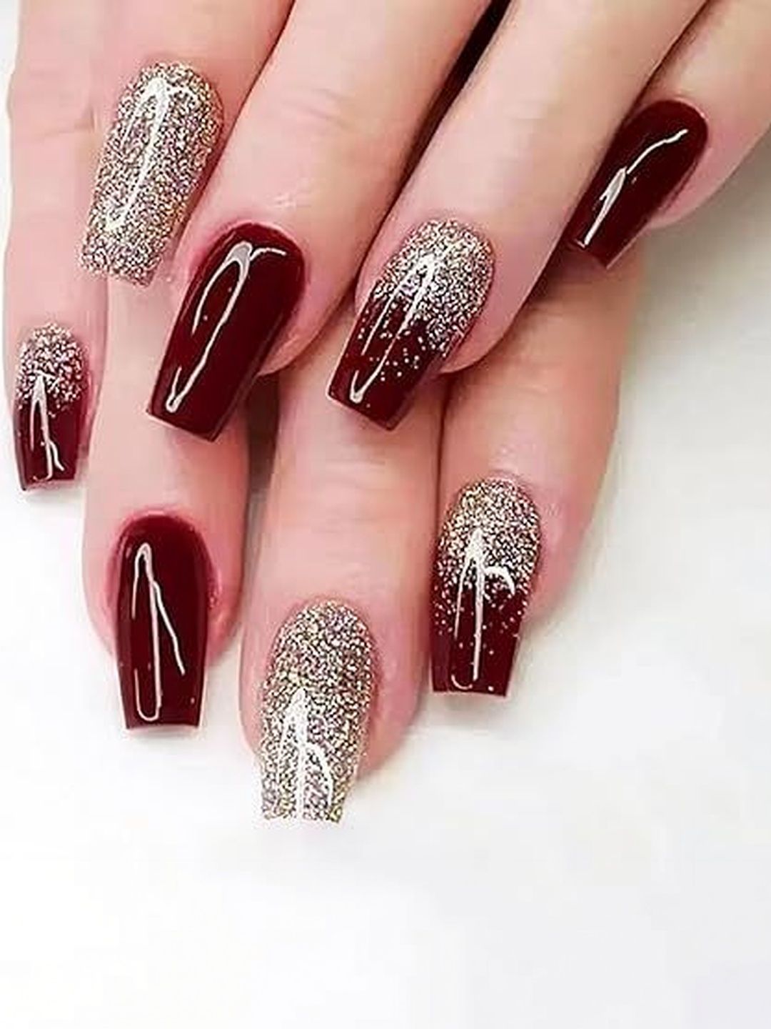 TheVineGirl Set Of 24 Reusable Press On Nails With Kit - Maroon Half Red Half Golden-picture-29