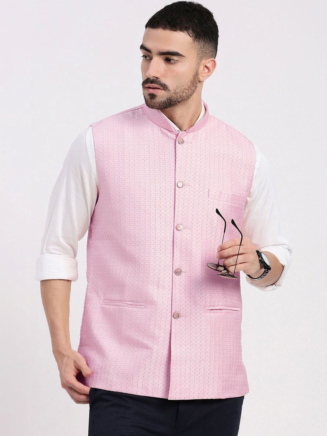 SHOWOFFFF Woven Design Slim Fit Mandarin Collar Nehru Jacket-image-37
