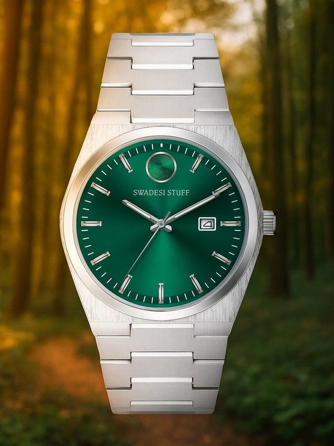 SWADESI STUFF Men Dial & Stainless Steel Bracelet Style Straps Analogue Date Aperture Watch SDS 173 GREEN-picture-14