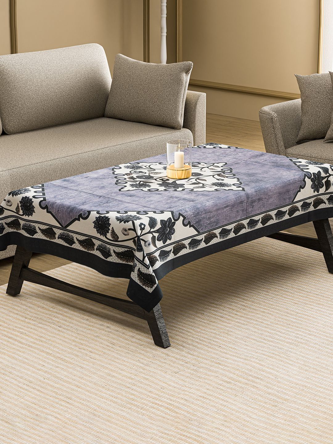 Aura Grey Floral Anti-Slip Cotton 4-Seater Table Cover-picture-23