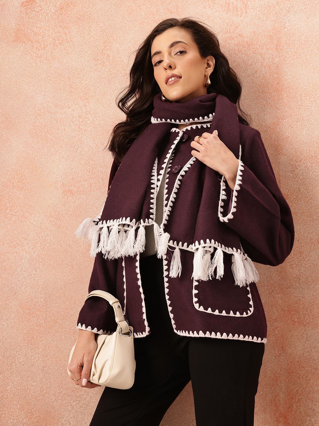 all about you Contrast Embroidered Detail Blazer with Scarf-image-30
