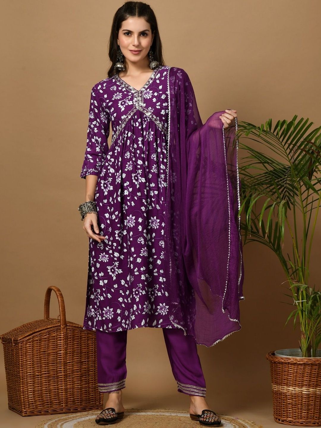 KALINI Women Floral Printed Empire Thread Work Kurta with Trousers & With Dupatta-image-24