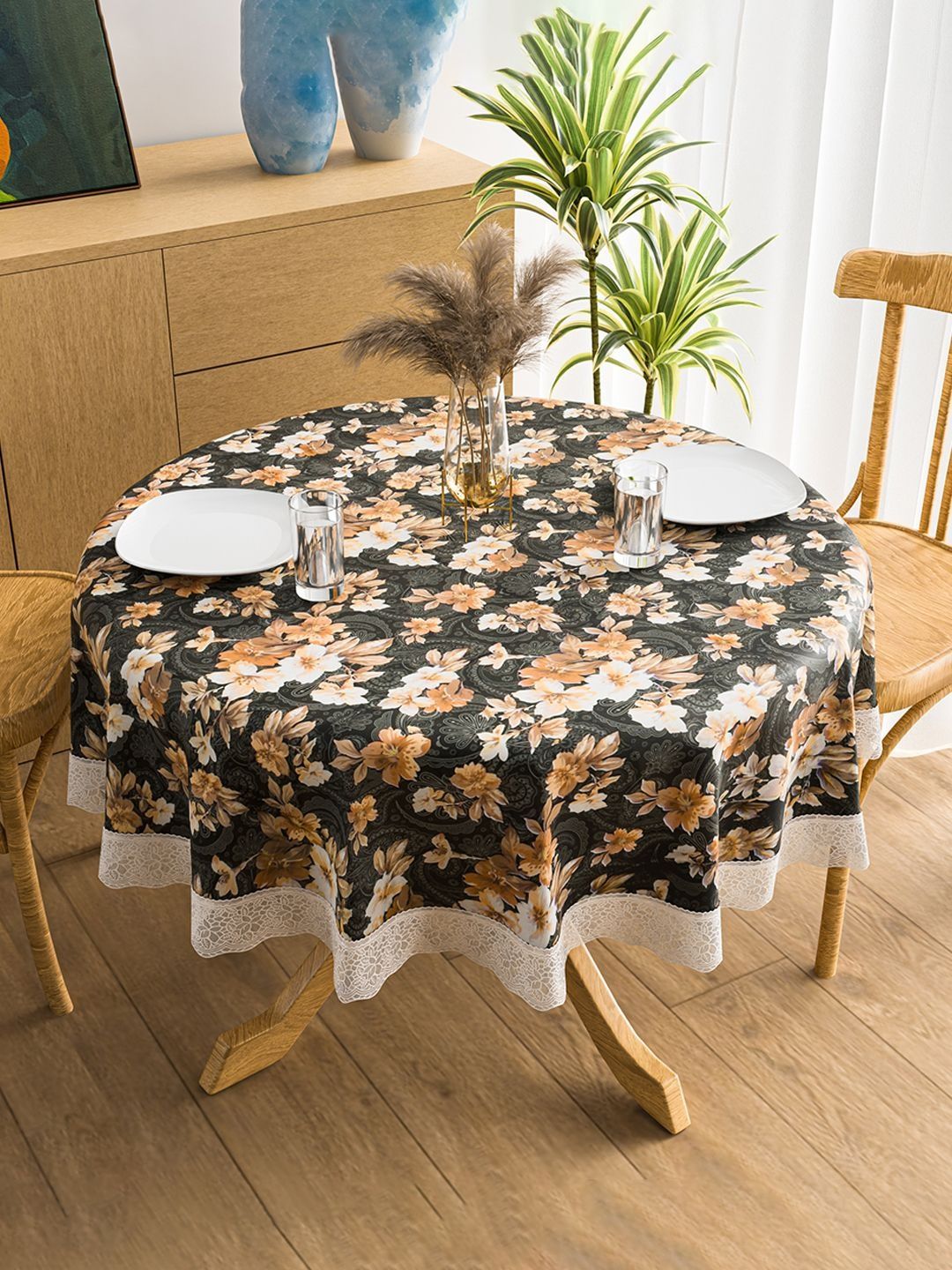 Kuber Industries Grey & White Ethnic Motifs Printed Anti-Slip Round 4-Seater Table Cover-picture-31