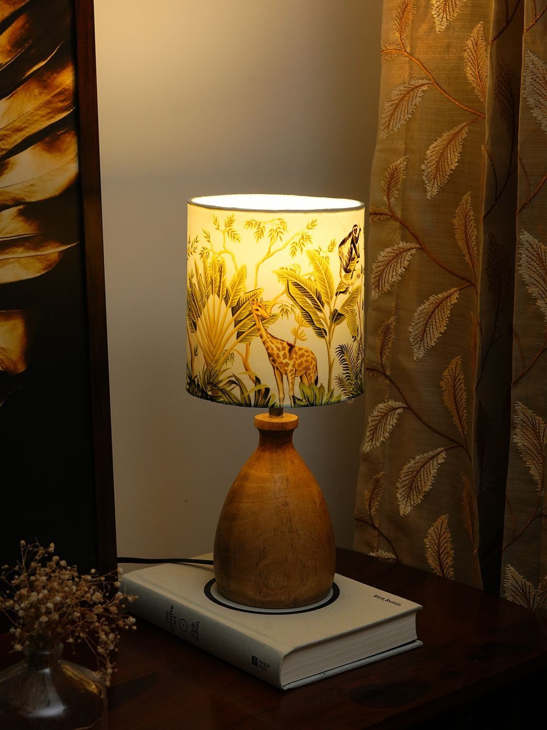 green girgit Brown & White Printed Wood Cylindrical Shaped Table Lamp with Bulb-picture-26