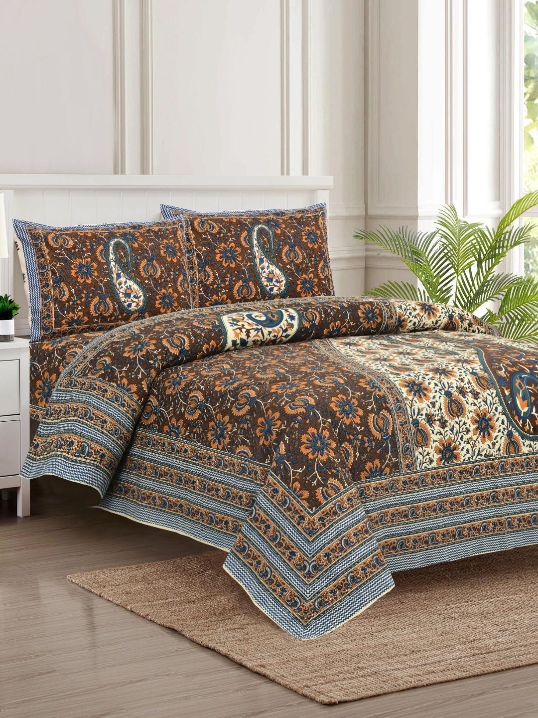 JAIPUR FABRIC Brown Floral 180 TC King Bedsheet with 2 Pillow Covers-picture-11