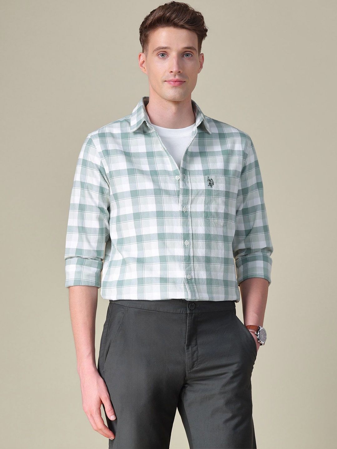 U.S. Polo Assn. Men Tailored Fit Tartan Checks Checked Casual Shirt