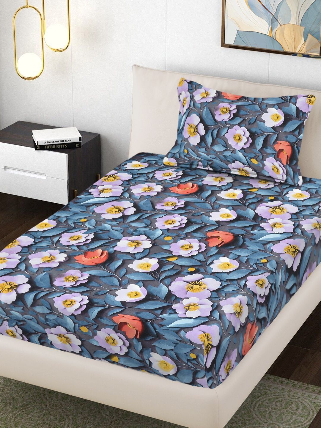 FABINALIV Multicoloured Floral 300 TC Single Bedsheet with 1 Pillow Covers-picture-10