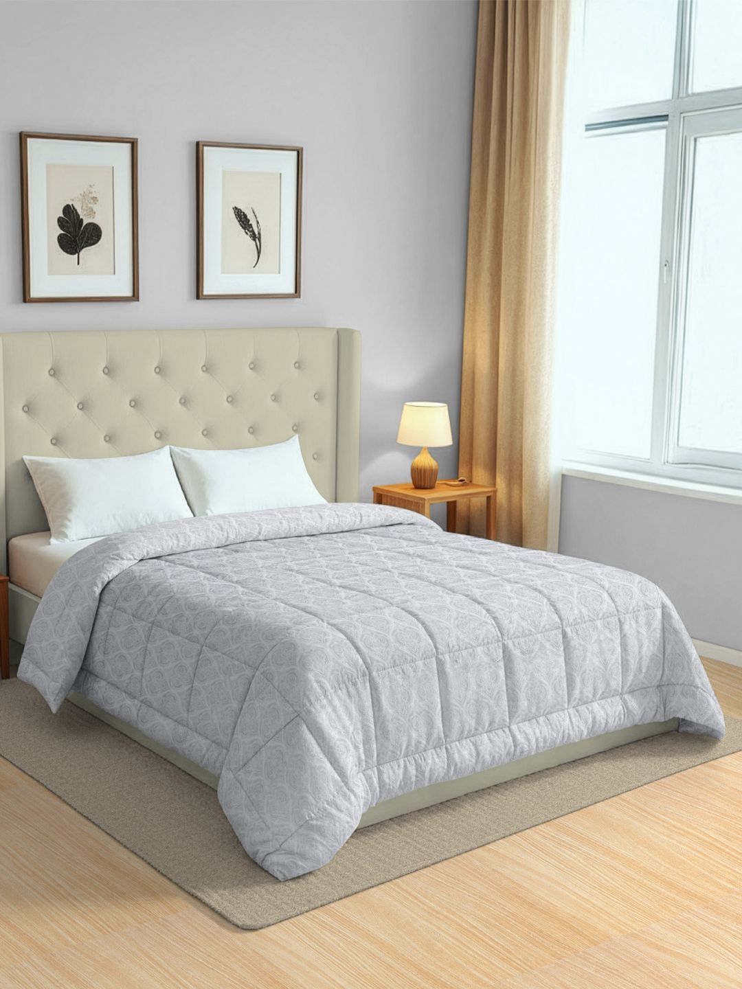 SWAYAM Grey & White Floral Pure Cotton Lightweight AC Room 150 GSM Comforter