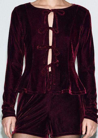 Buy MANGO Velvet Fitted Top With Tie Up & Paneled Detail - Tops for ...