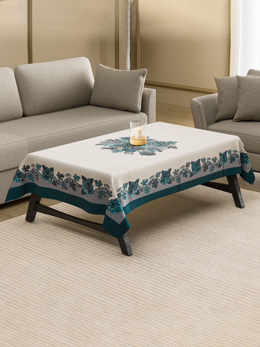 Aura Blue Floral Printed Anti-Slip Cotton 4-Seater Table Cover