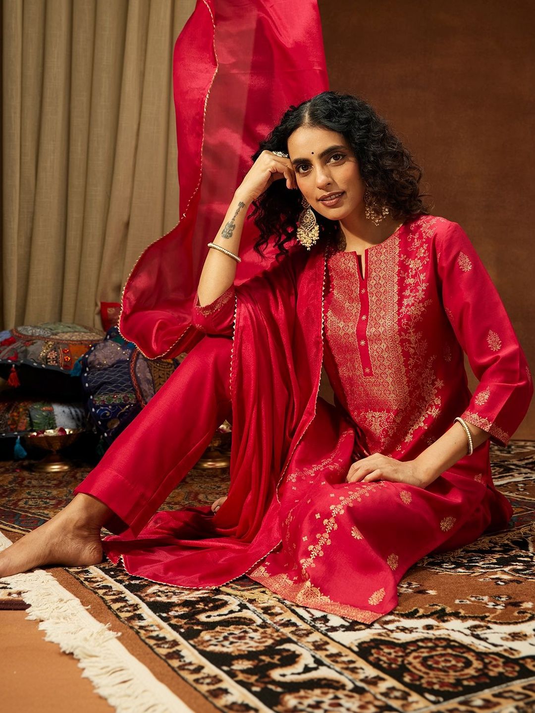 Janasya Women Ethnic Motifs Printed Regular Kurta with Trousers & With Dupatta-picture-31