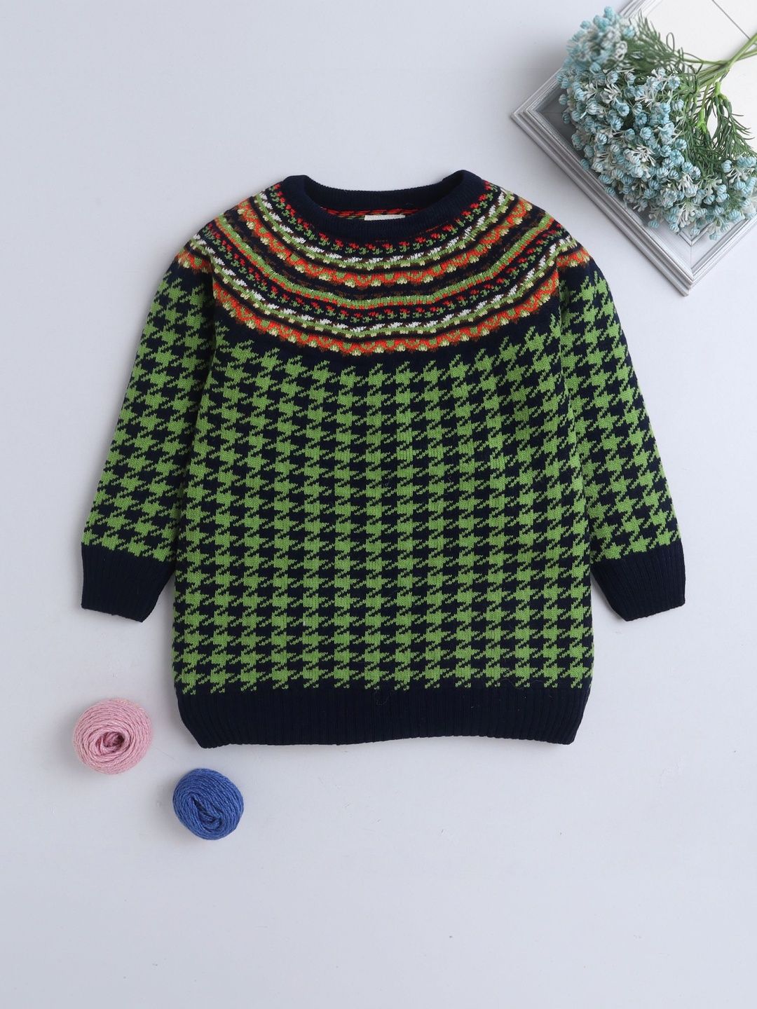 Yellow Apple Girls Checked Printed Pullover-picture-39