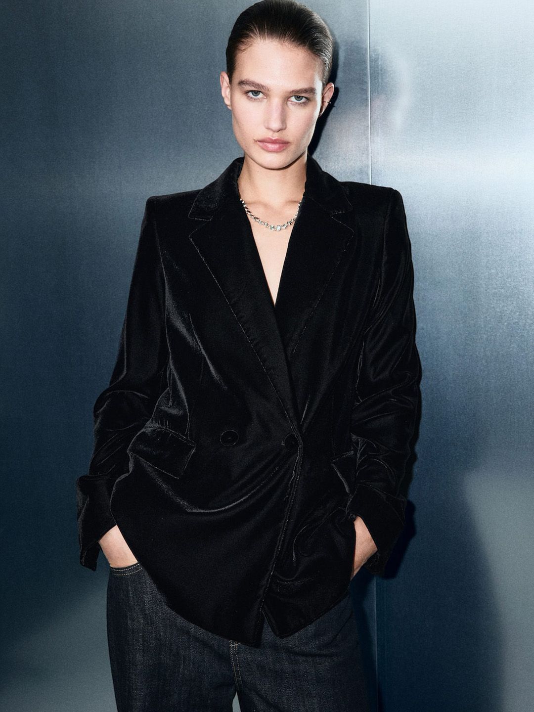 MANGO Velvet Notched Lapel Double Breasted Overcoat-picture-19