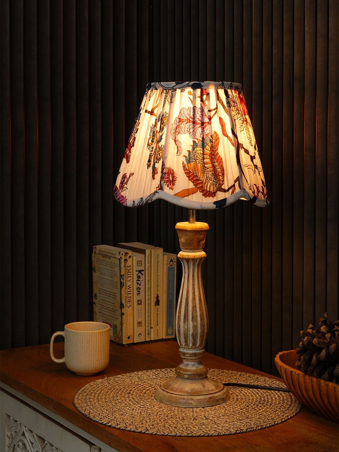 green girgit Multicoloured Printed Wood Bell Shaped Table Lamp with Bulb-image-48