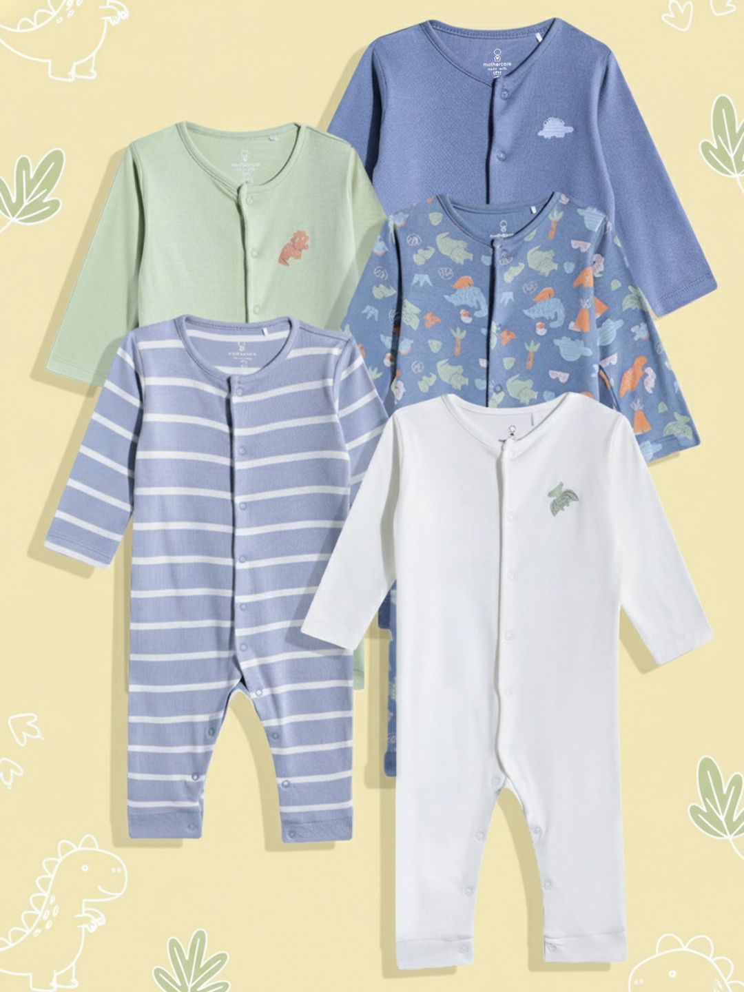 mothercare Infant Boys Pack Of 5 Pure Cotton Rompers-picture-32