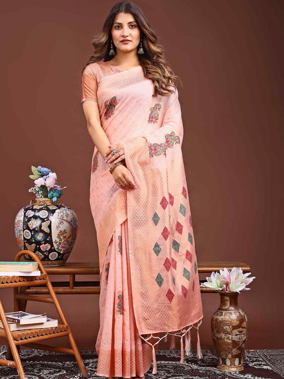 HERE&NOW Woven Design Linen Blend Handloom Saree-picture-25