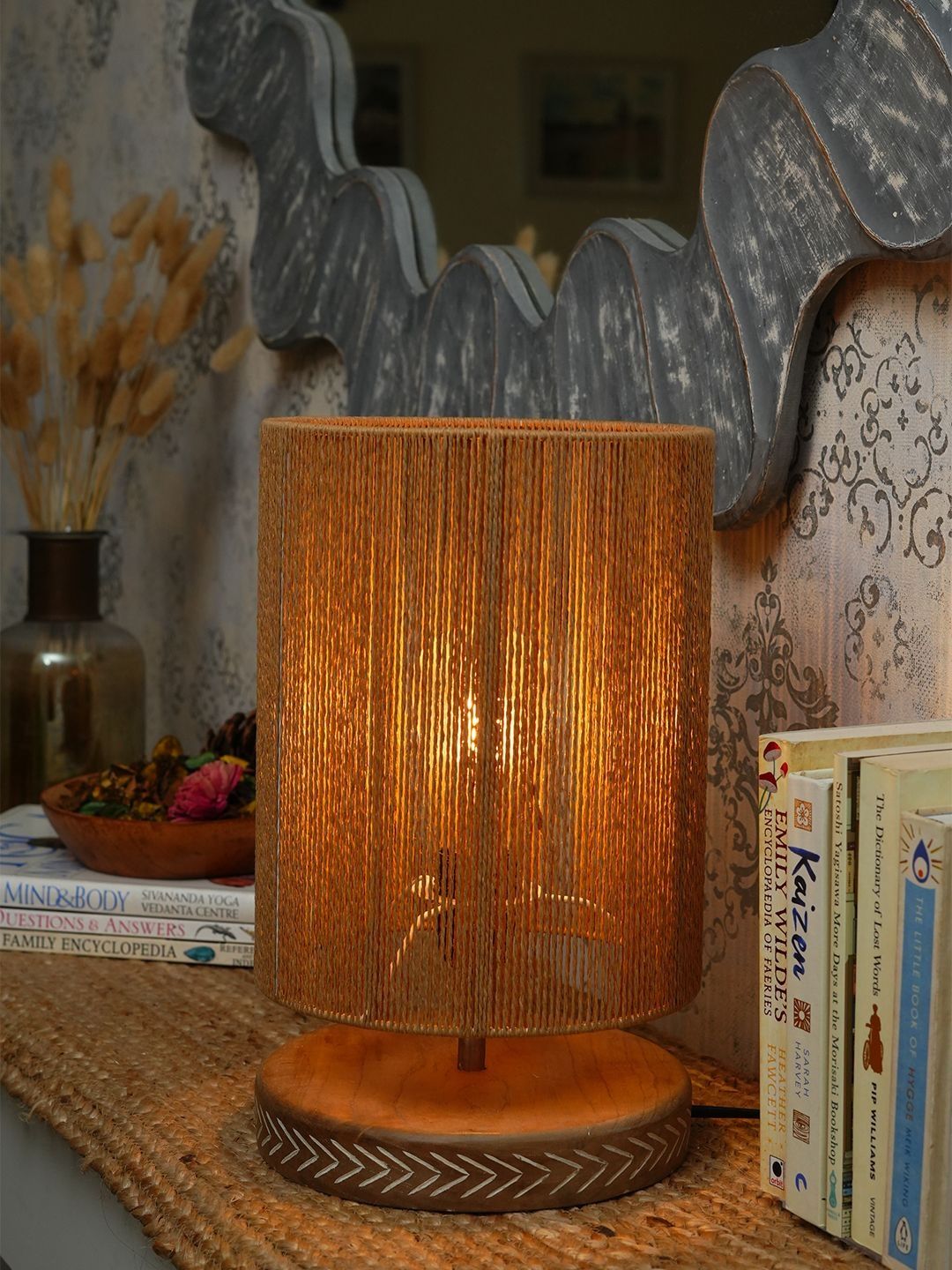 green girgit Brown Textured Wood Cylindrical Shaped Table Lamp with Bulb-picture-21