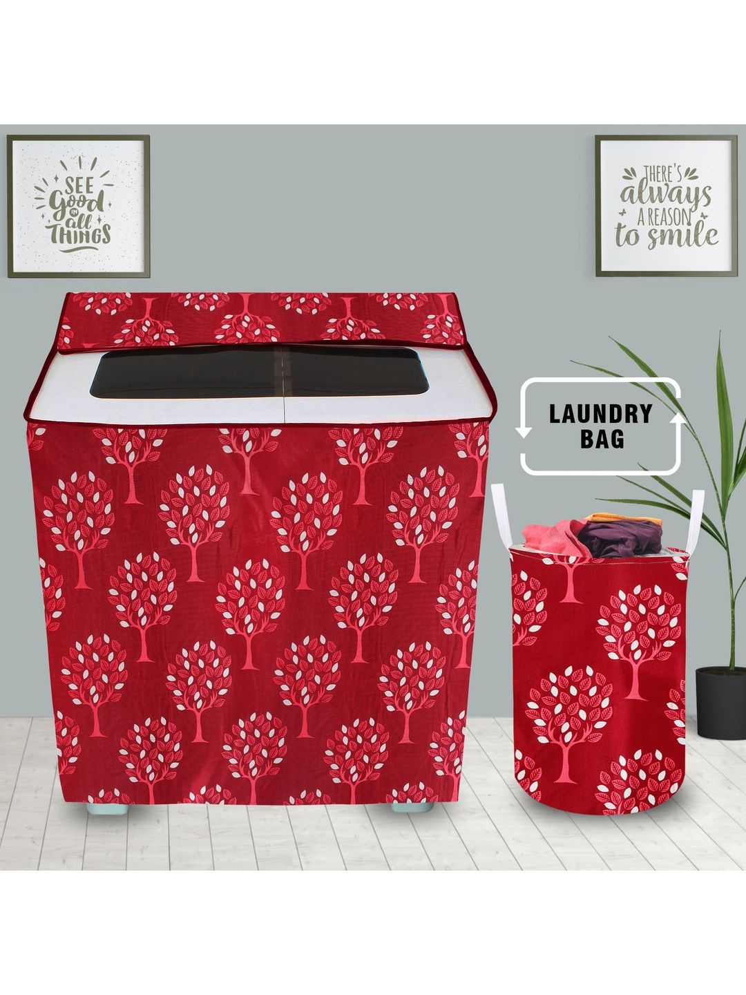 E-Retailer 2-Pcs Red & Off White Printed Semi Automatic Washing Machine Cover-picture-11