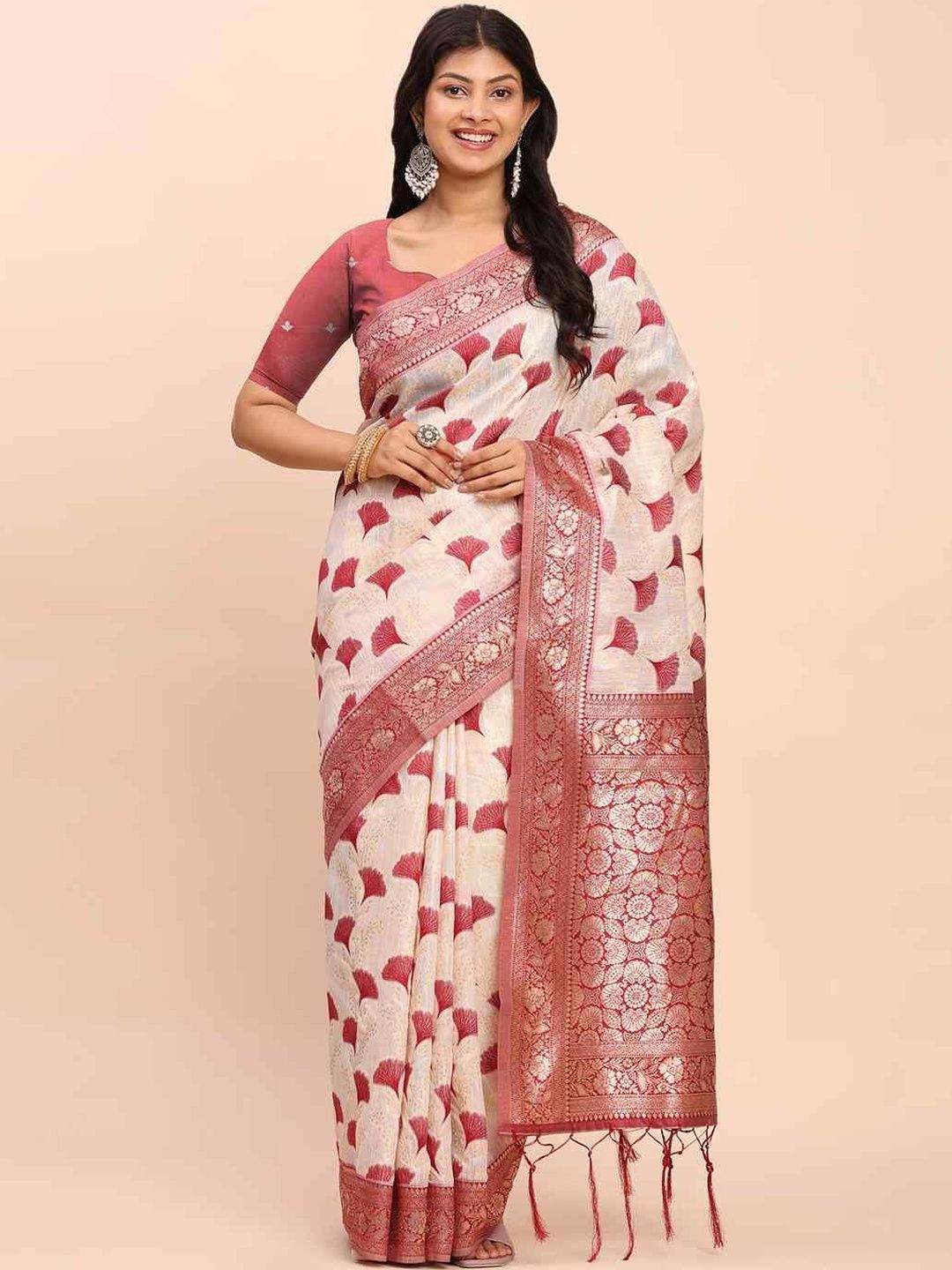 HERE&NOW Ethnic Motifs Zari Linen Blend Handloom Saree-picture-35