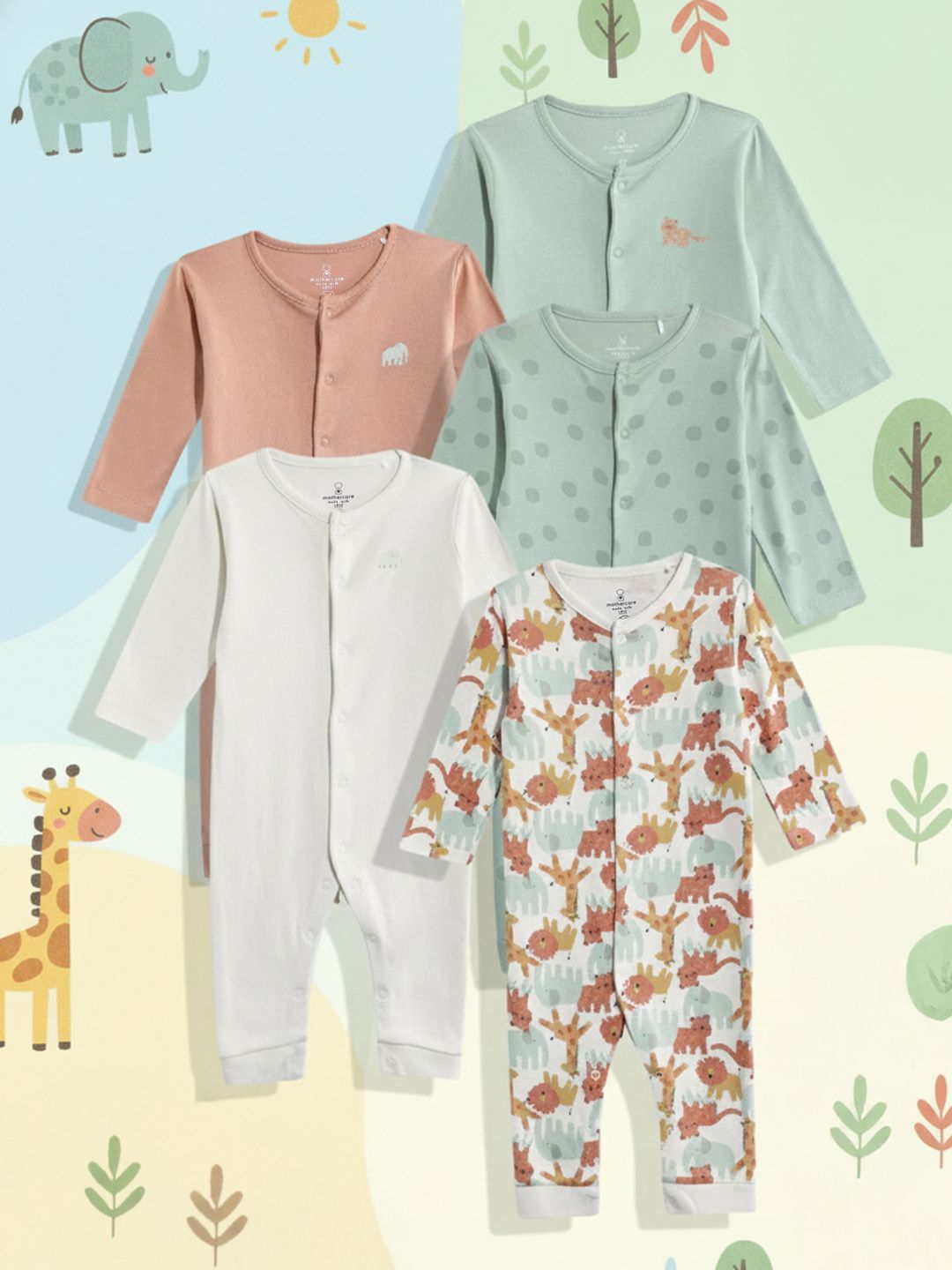 mothercare Pack of 5 Infants Printed Pure Cotton Romper