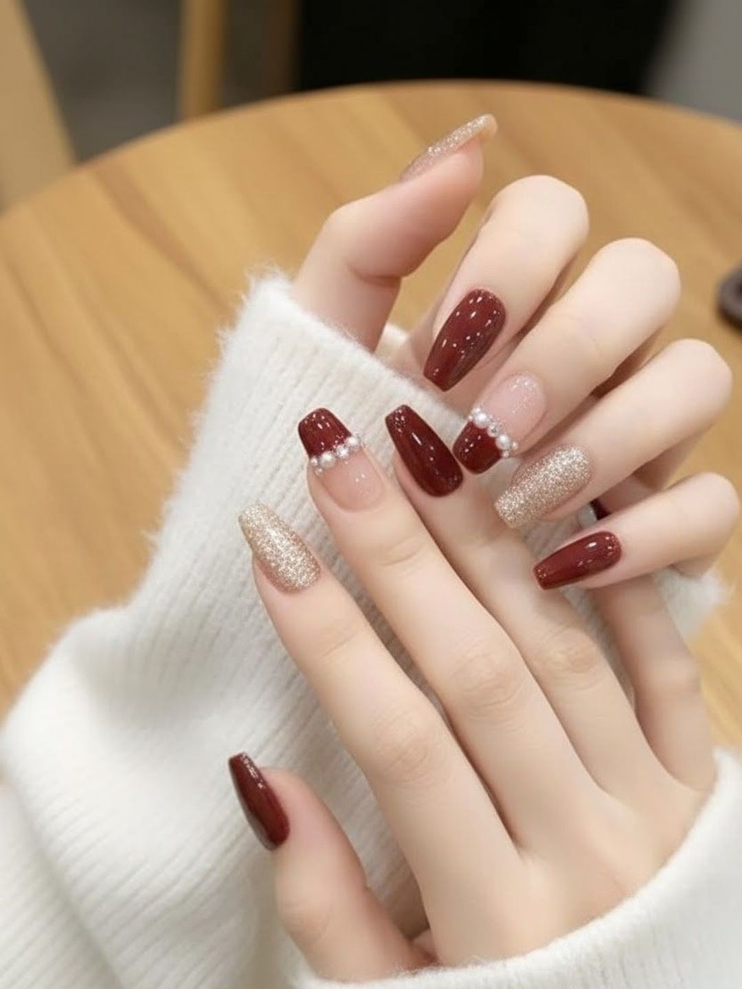 Vembley Set Of 24 Artificial Reusable Press On Nails With Kit - Golden & Maroon With Pearl-image-6