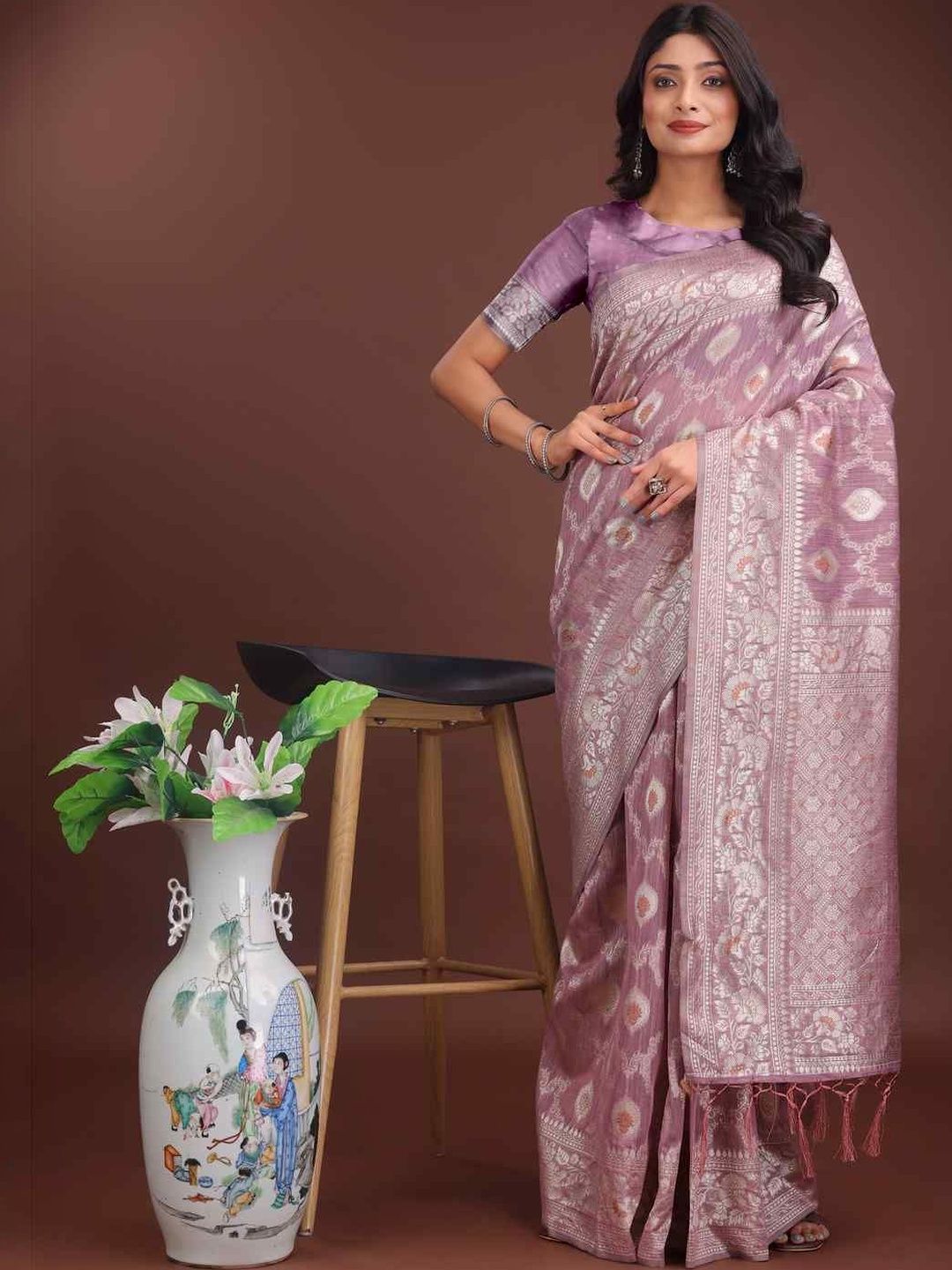 HERE&NOW Woven Design Zari Linen Blend Handloom Saree-picture-13