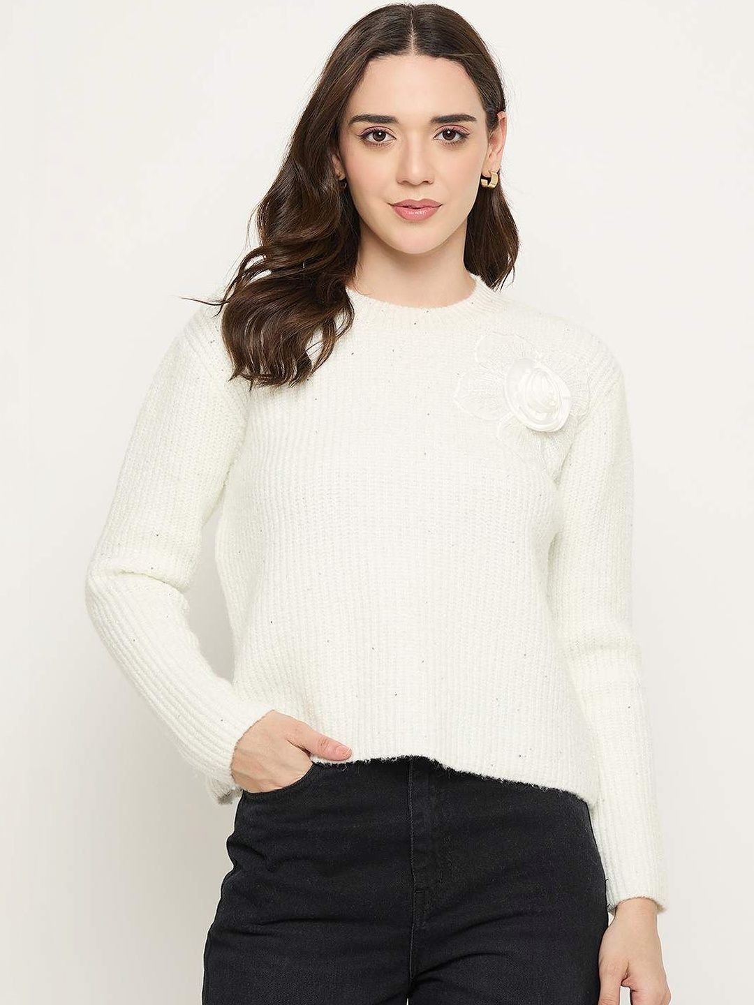 Madame Women Ribbed Crop Pullover with Applique Detail-picture-35