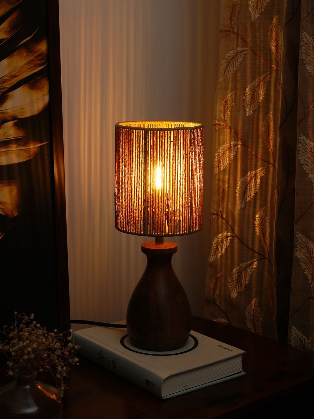 green girgit Brown Textured Wood Cylindrical Shaped Table Lamp with Bulb-picture-25