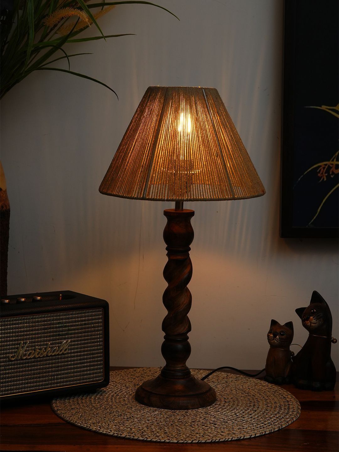 green girgit Brown Textured Wood Frusturical Shaped Table Lamp with Bulb-picture-23
