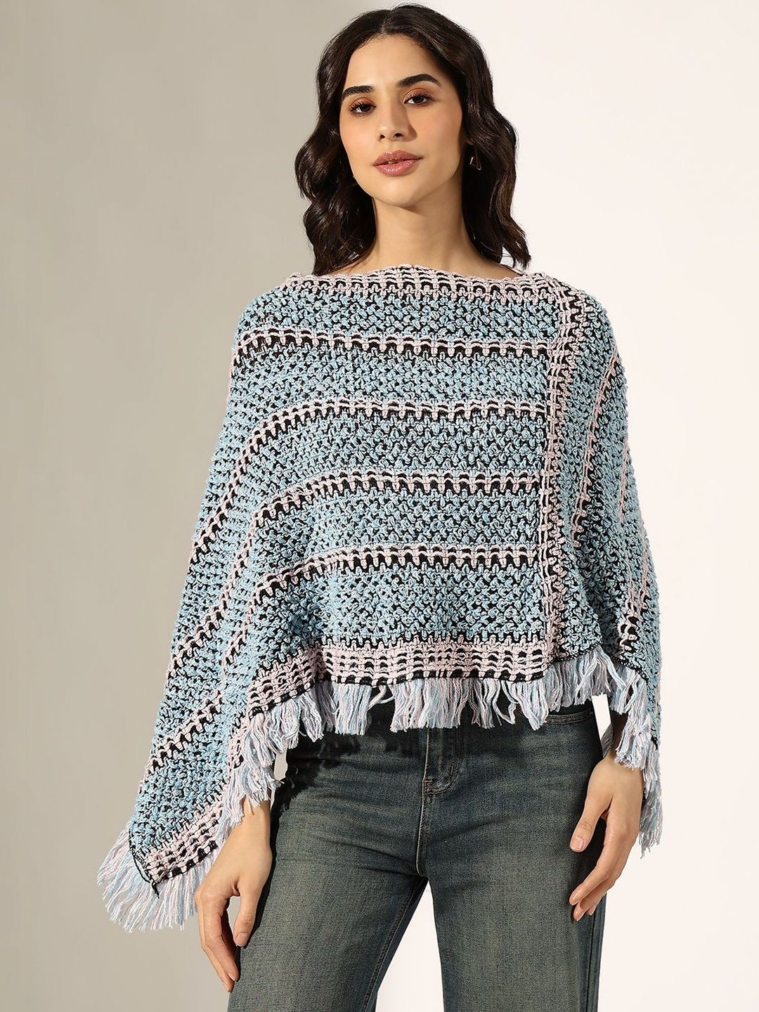 SHOWOFFFF Women Colourblocked Poncho with Fringed Detail-picture-39