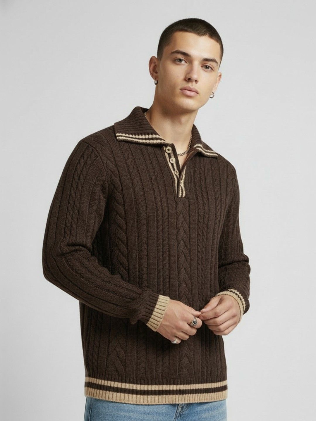 glitchez Contrast Striped Detail Cable Knit Pullover-picture-22