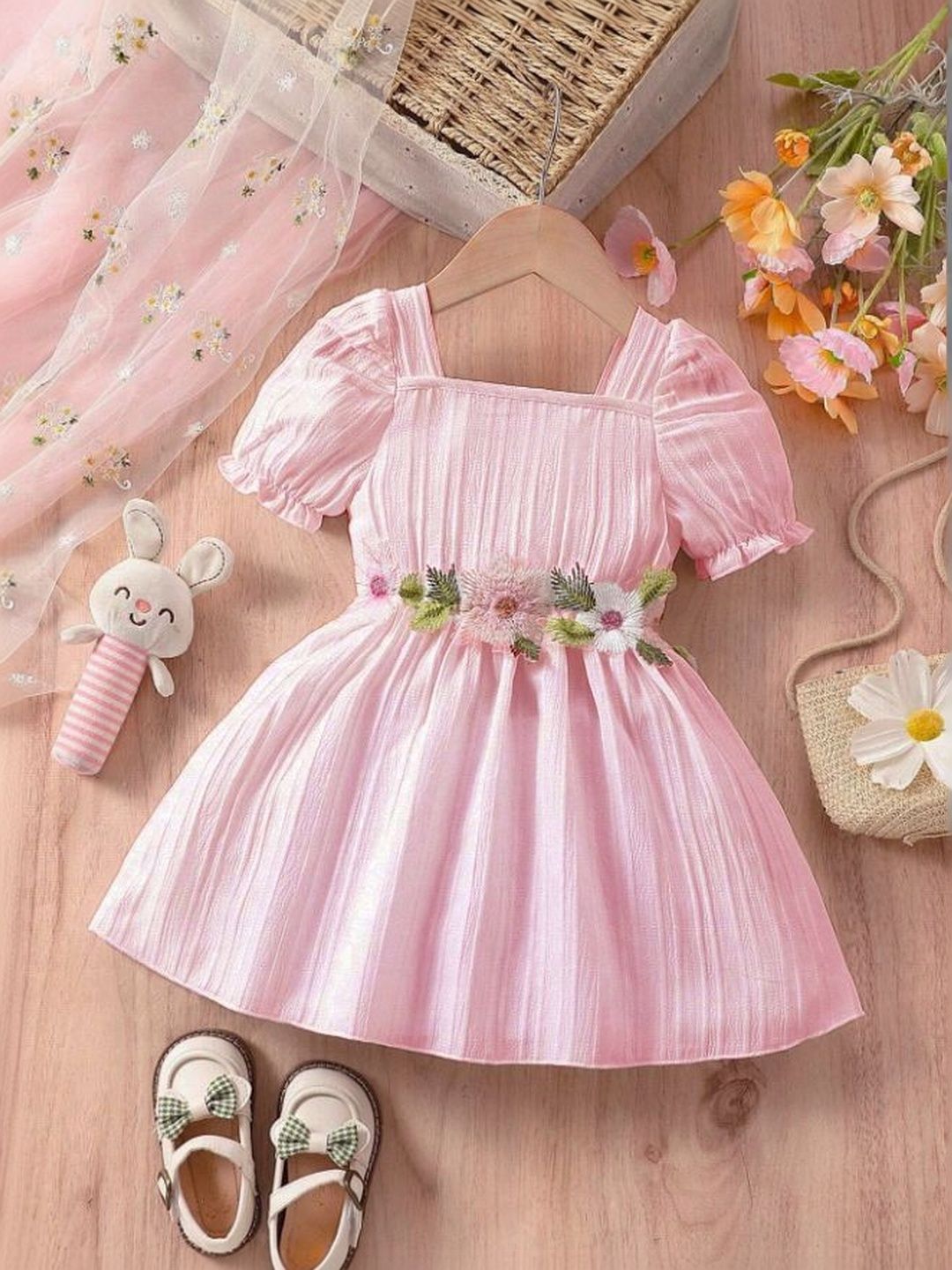 Sangria Girls Striped Pure Cotton Square Neck Fit & Flare Knee Length Dress-image-27