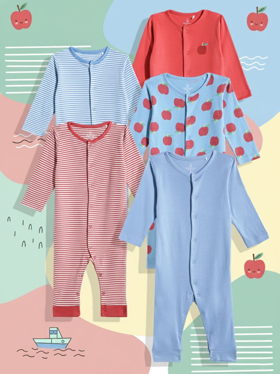 mothercare Infant Boys Pack Of 5 Pure Cotton Rompers-picture-37