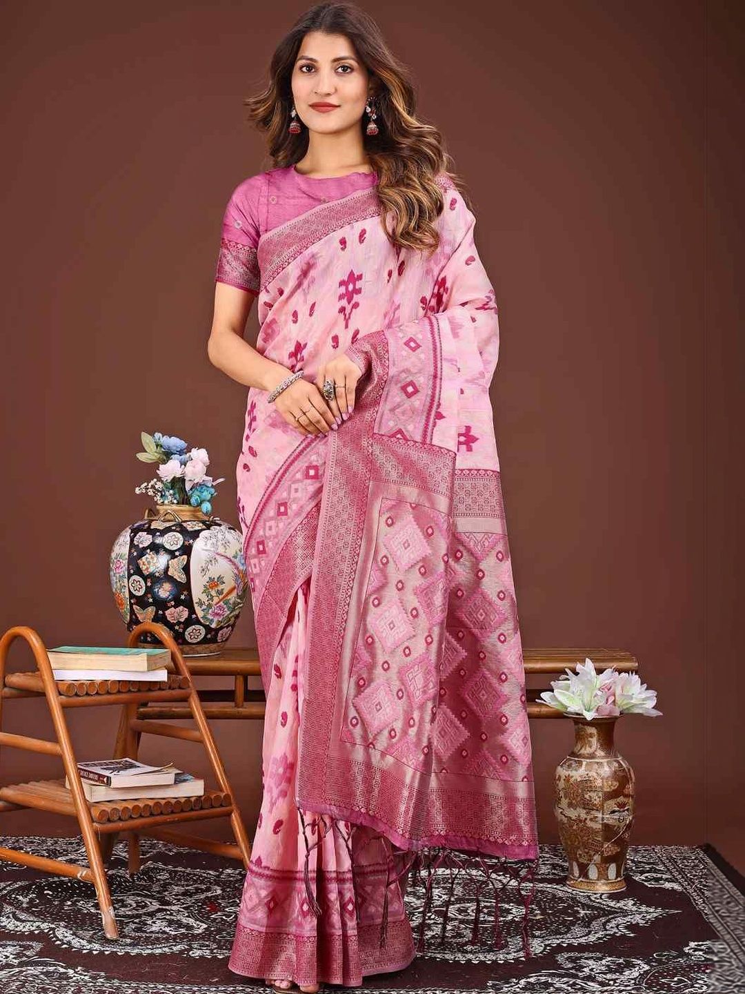 HERE&NOW Ethnic Motifs Zari Linen Blend Handloom Saree-picture-28