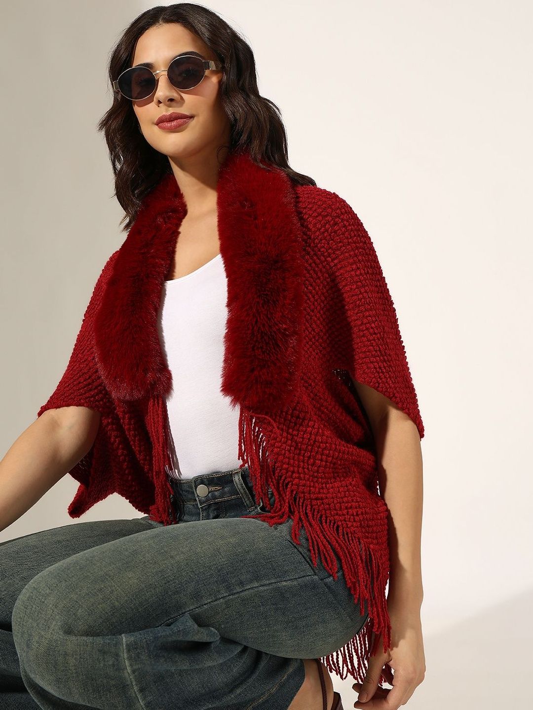 SHOWOFFFF Women Ribbed Poncho with Fuzzy Detail-picture-22