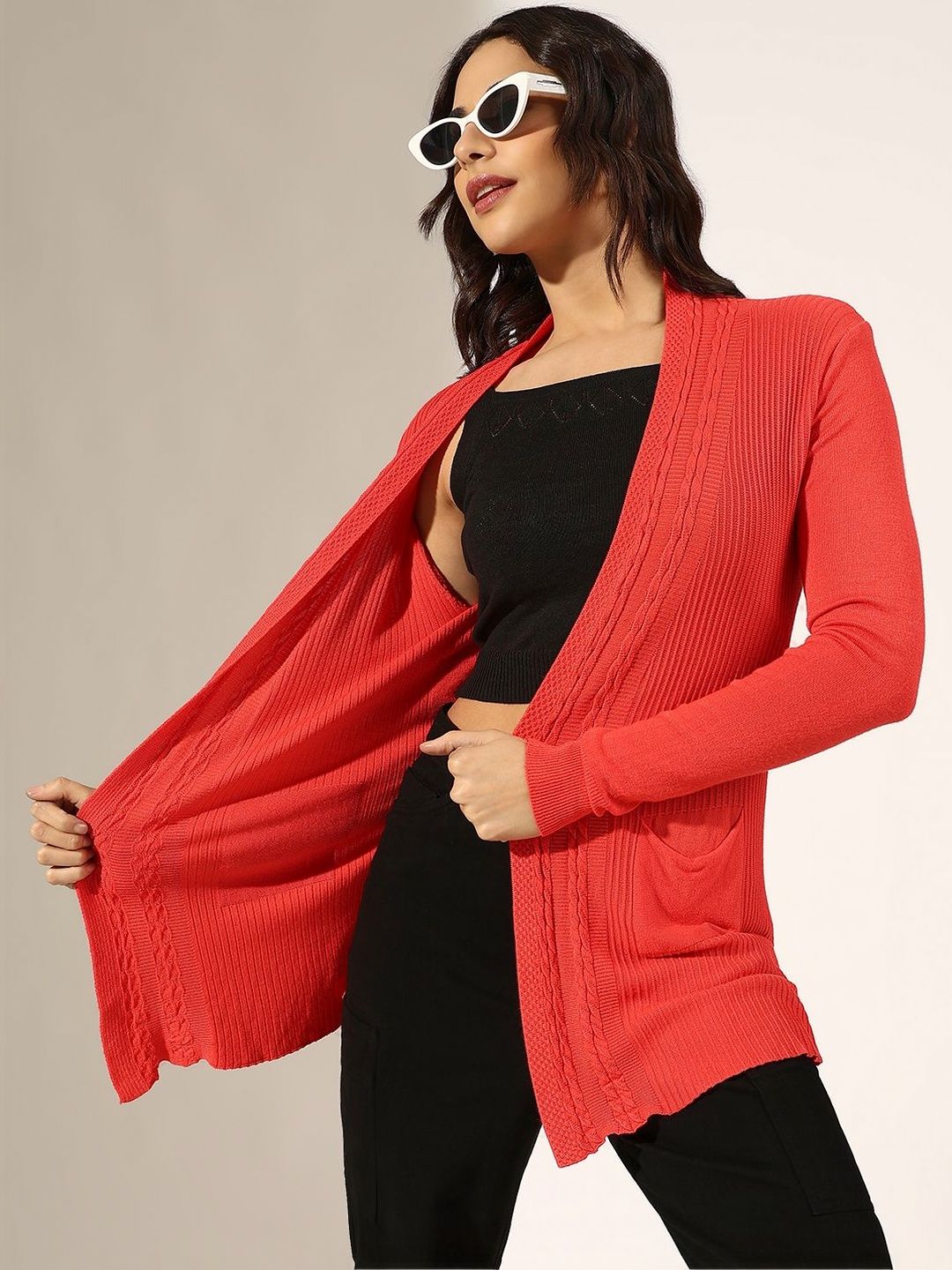 SHOWOFFFF Self Design Long Sleeves Acrylic Open Front Shrug-picture-12