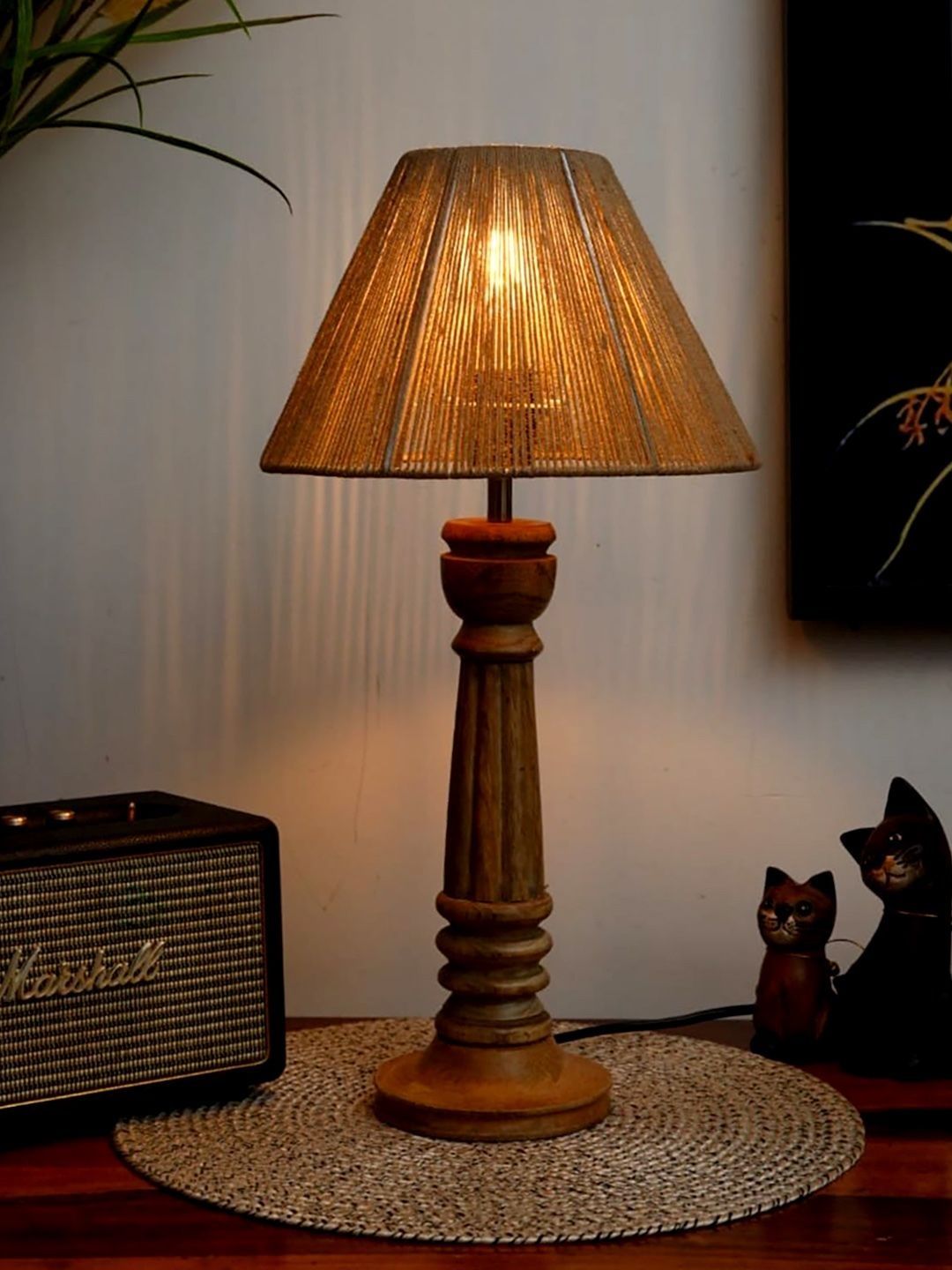 green girgit Brown Textured Wood Frusturical Shaped Table Lamp with Bulb-picture-24