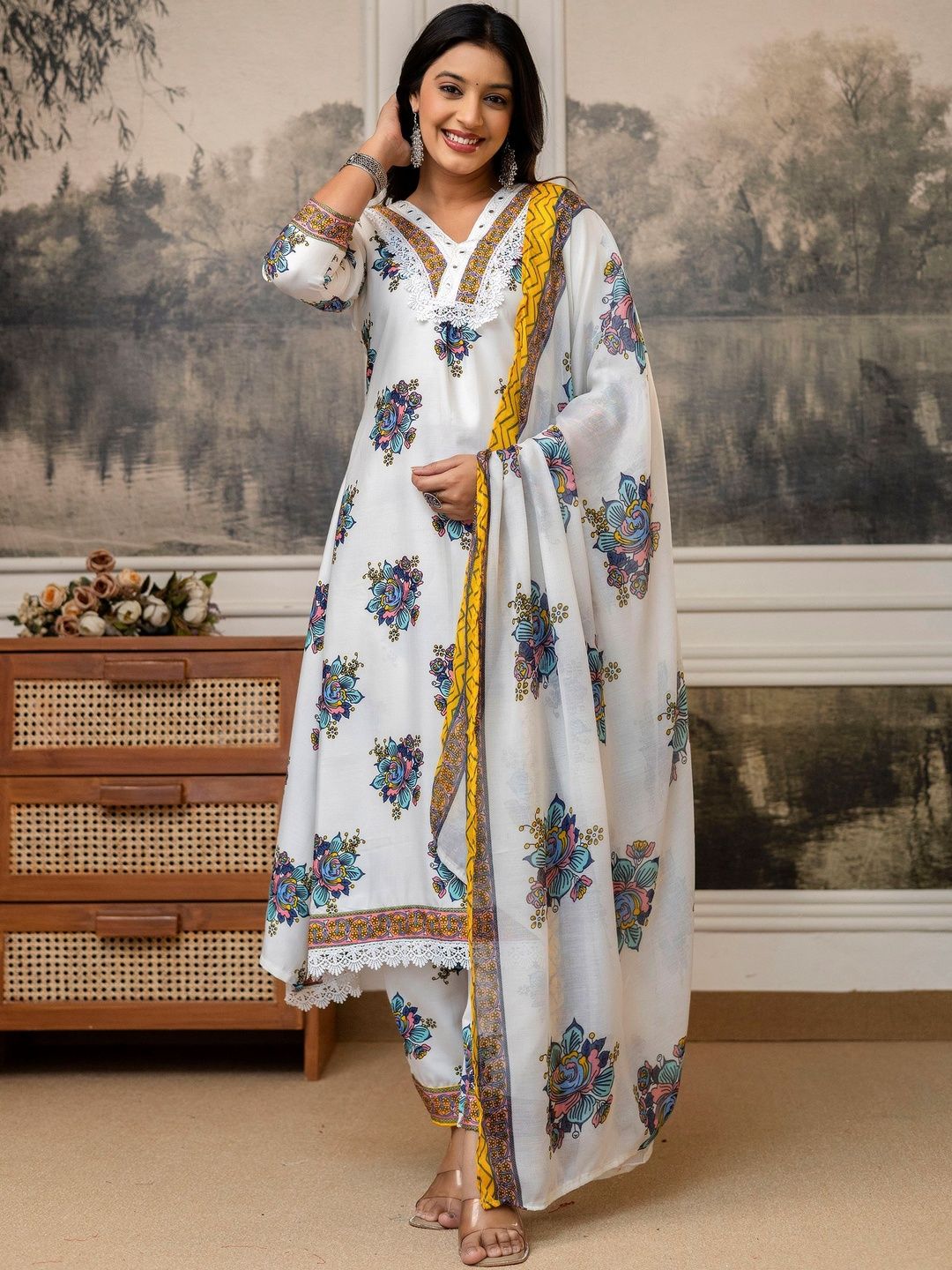 J.KANJI Women Floral Printed Regular Thread Work Pure Cotton Kurta with Trousers & With Dupatta-picture-14