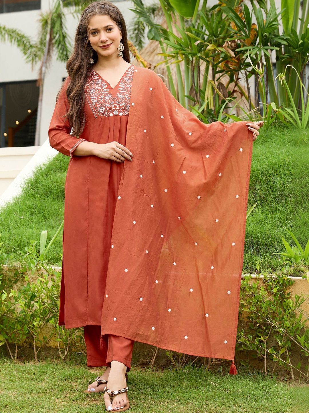 Brand Hill Women Ethnic Motifs Embroidered Panelled Thread Work Kurta with Trousers & With Dupatta-picture-29