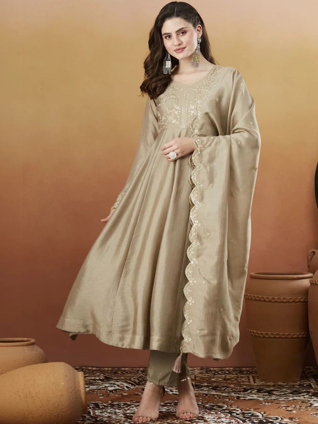 Brand Hill Women Ethnic Motifs Embroidered Tiered Sequinned Dupion Silk Kurta with Trousers & With Dupatta-picture-35