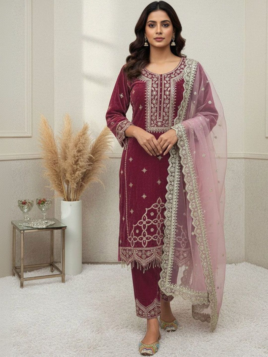 CARTYSHOP Women Ethnic Motifs Embroidered Regular Sequinned Velvet Kurta with Trousers & With Dupatta-picture-40