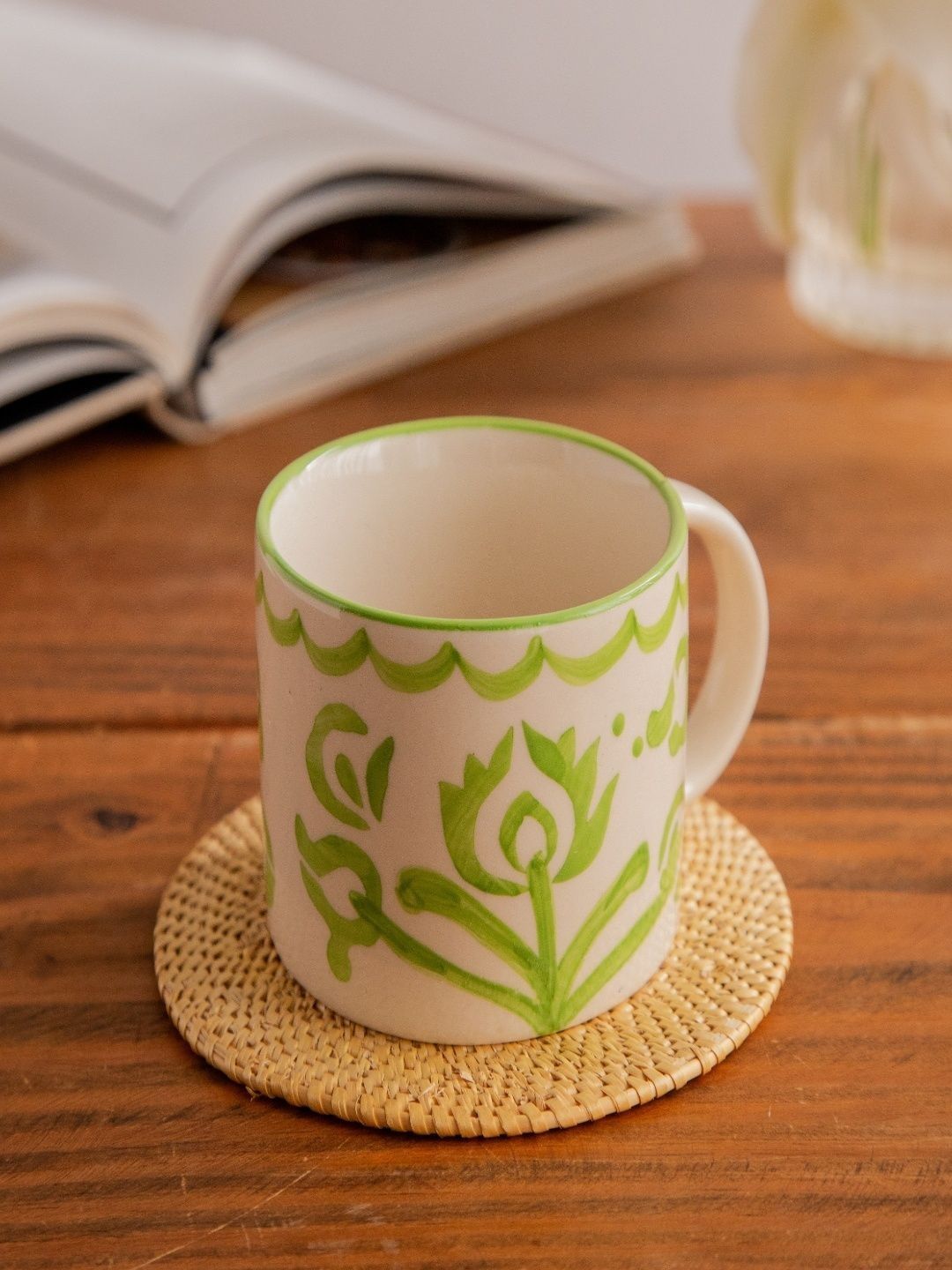 OCTAVIUS Green Hand Painted Floral Ceramic Glossy Core Set of Cups and Mugs-image-37